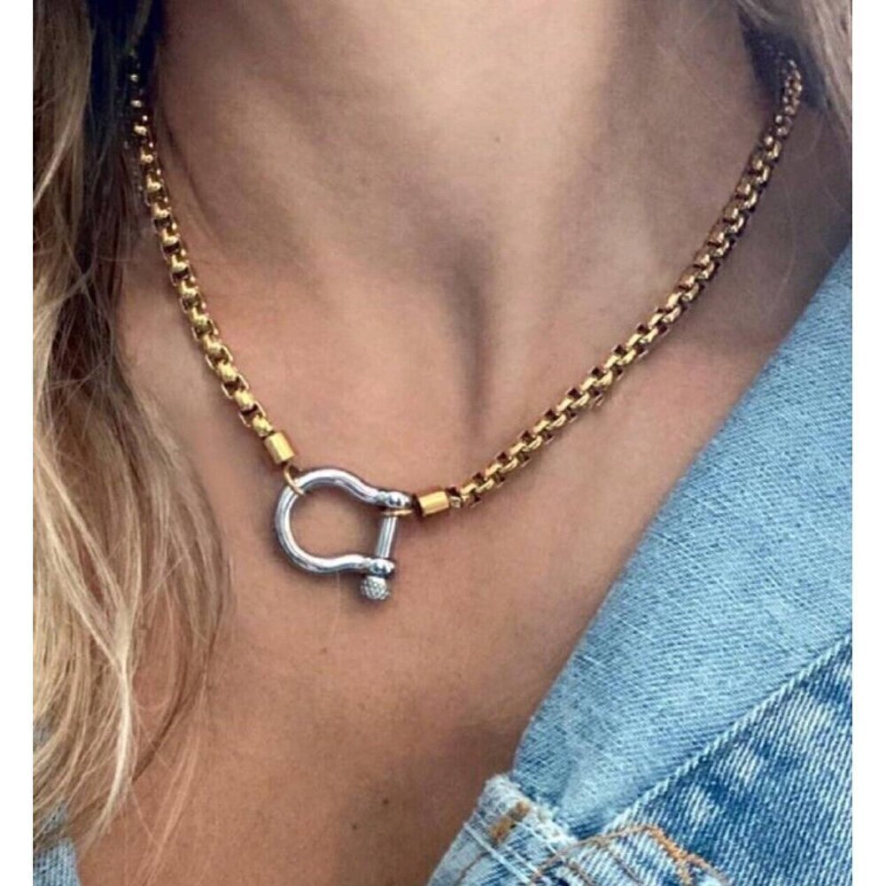 18K Gold Plated Carabiner Screw Lock Necklace Stainless Steel Womens Jewelry